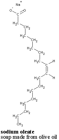 Image depicting the structure of sodium oleate, a soap molecule made from olive oil.